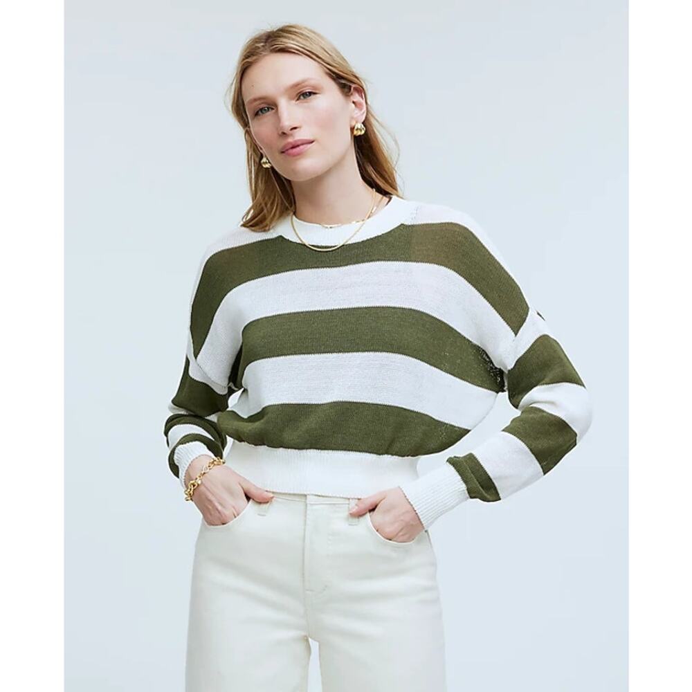 Madewell Loose Knit Crewneck Lightweight Sweater Bright Ivory Green XS NWT
